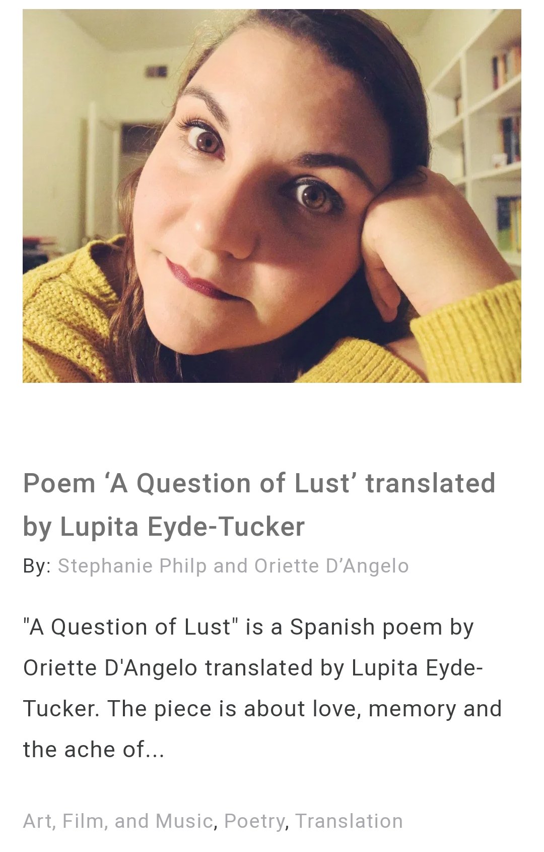 Screenshot of Oriette D'Angelo's poem on the Columbia Journal website