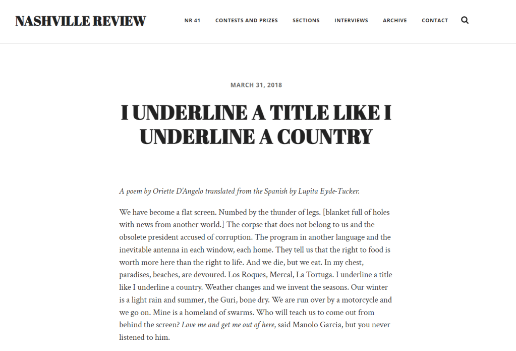 Screenshot of "I underline a title like I underline a country" by Oriette D'Angelo, translated by Lupita Eyde-Tucker